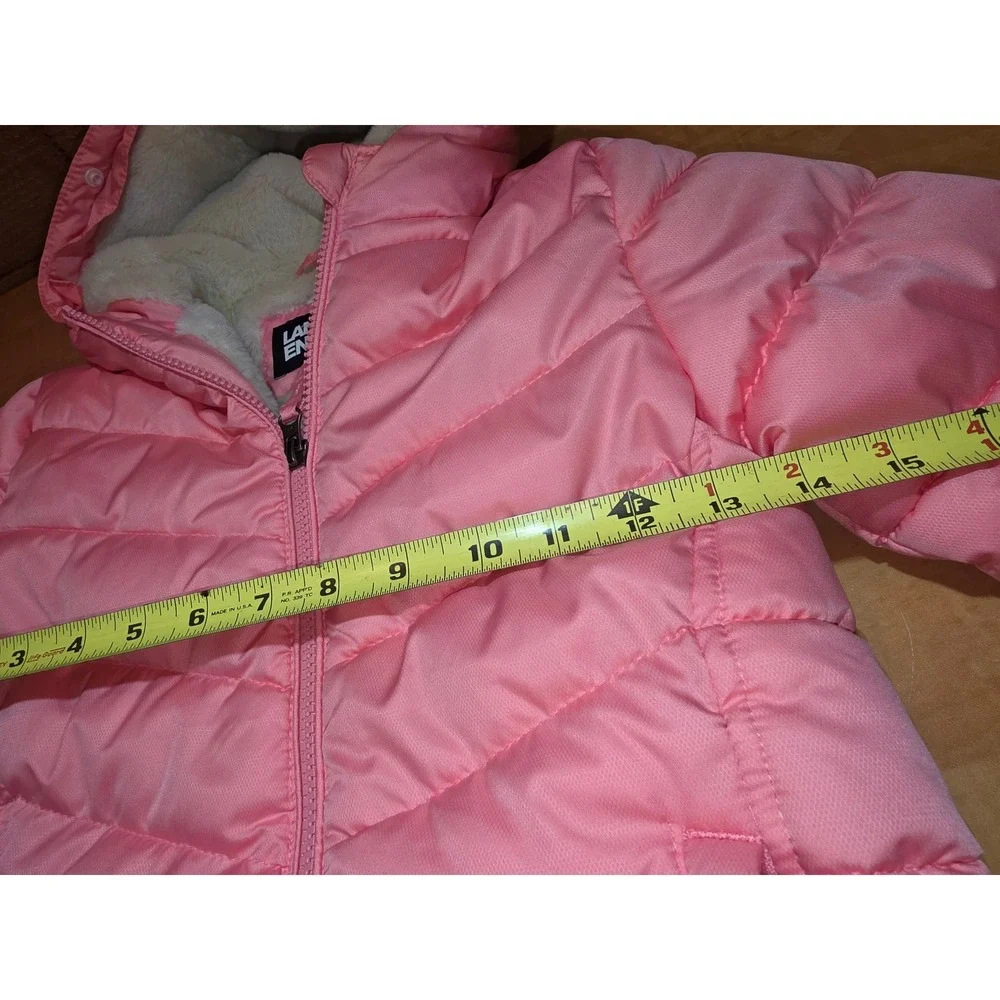 Lands End Girls Pink Puffer Jacket Faux Fur Lined Hooded Coat XS 5-6 LK340W404